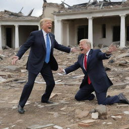 An unexpected turn, the laughing President suddenly falling lifeless, while the demon continues laughing amidst the wreckage of the destroyed homes.