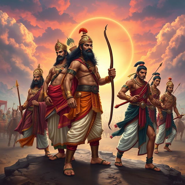 The Pandavas from the Mahabharata, depicted as heroic figures, dressed in traditional Indian attire