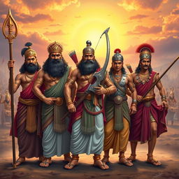 The Pandavas from the Mahabharata, depicted as heroic figures, dressed in traditional Indian attire