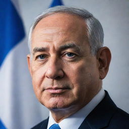 A detailed portrait of Benjamin Netanyahu in a polished suit, with a serene expression, set against a backdrop of the Israeli flag.