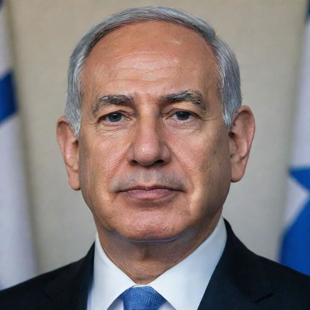 A detailed portrait of Benjamin Netanyahu in a polished suit, with a serene expression, set against a backdrop of the Israeli flag.