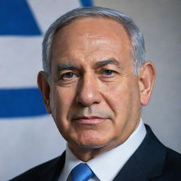 A detailed portrait of Benjamin Netanyahu in a polished suit, with a serene expression, set against a backdrop of the Israeli flag.