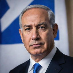 A detailed portrait of Benjamin Netanyahu in a polished suit, with a serene expression, set against a backdrop of the Israeli flag.