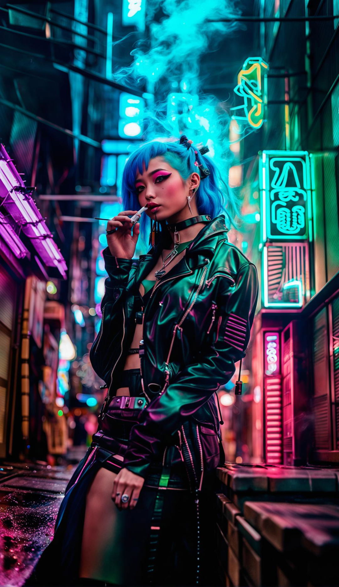 HD street photography of a futuristic cyberpunk cityscape inspired by Tokyo. A beautiful 21-year-old Eurasian woman with long cyan hair and bubblegum pink eyes leans against a building in a grimy street, smoking from a vape and wearing futuristic leather.