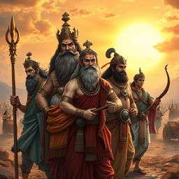 The Pandavas from the Mahabharata, depicted as heroic figures without beards, dressed in traditional Indian attire