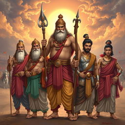 The Pandavas from the Mahabharata, depicted as heroic figures without beards, dressed in traditional Indian attire