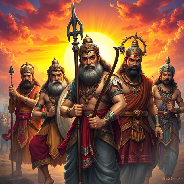 The Pandavas from the Mahabharata, depicted as heroic figures without beards, dressed in traditional Indian attire