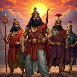 The Pandavas from the Mahabharata, depicted as heroic figures without beards, dressed in traditional Indian attire