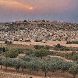 An antique panorama of Palestine city, embracing an array of historical buildings, the descriptive olive trees, under a sublime pristine sky at dusk.