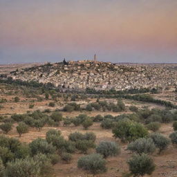 An antique panorama of Palestine city, embracing an array of historical buildings, the descriptive olive trees, under a sublime pristine sky at dusk.