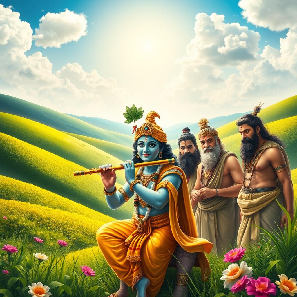 A beautiful and dramatic scene depicting Krishna and the Pandavas in a lush, vibrant landscape