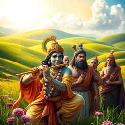 A beautiful and dramatic scene depicting Krishna and the Pandavas in a lush, vibrant landscape