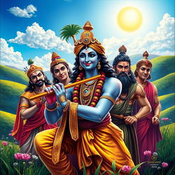 A beautiful and dramatic scene depicting Krishna and the Pandavas in a lush, vibrant landscape