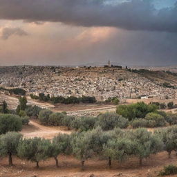 An antique panorama of Palestine city, embracing an array of historical buildings, the descriptive olive trees, under a sublime pristine sky at dusk.