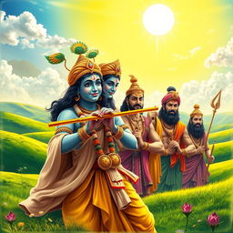 A beautiful and dramatic scene depicting Krishna and the Pandavas in a lush, vibrant landscape