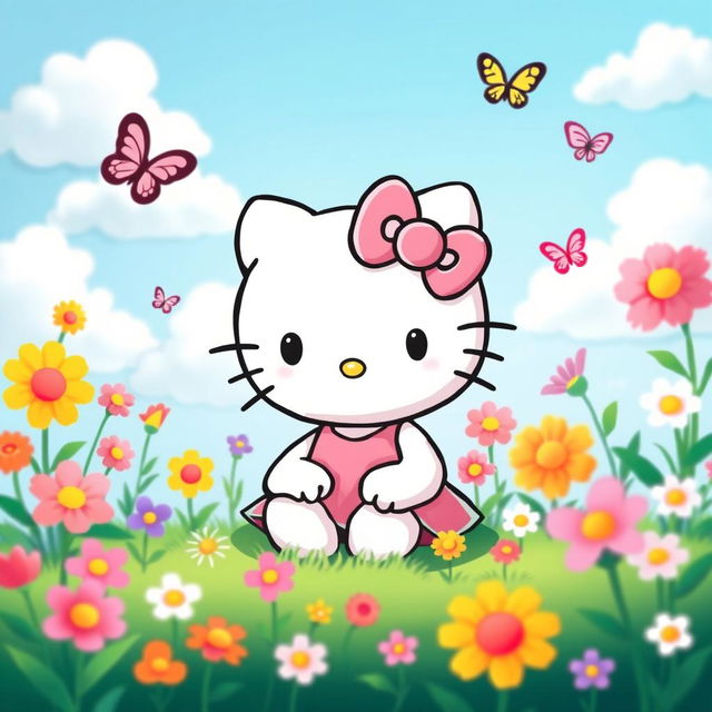 A cute, cheerful Hello Kitty character sitting in a bright and colorful garden filled with vibrant flowers, surrounded by butterflies and a blue sky with fluffy clouds