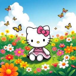 A cute, cheerful Hello Kitty character sitting in a bright and colorful garden filled with vibrant flowers, surrounded by butterflies and a blue sky with fluffy clouds