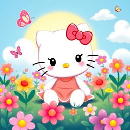 A cute, cheerful Hello Kitty character sitting in a bright and colorful garden filled with vibrant flowers, surrounded by butterflies and a blue sky with fluffy clouds