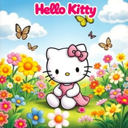 A cute, cheerful Hello Kitty character sitting in a bright and colorful garden filled with vibrant flowers, surrounded by butterflies and a blue sky with fluffy clouds