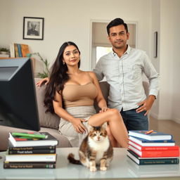 A beautiful and slim Indonesian woman with a large bust, of mixed European descent, sitting comfortably in a neat and clean home