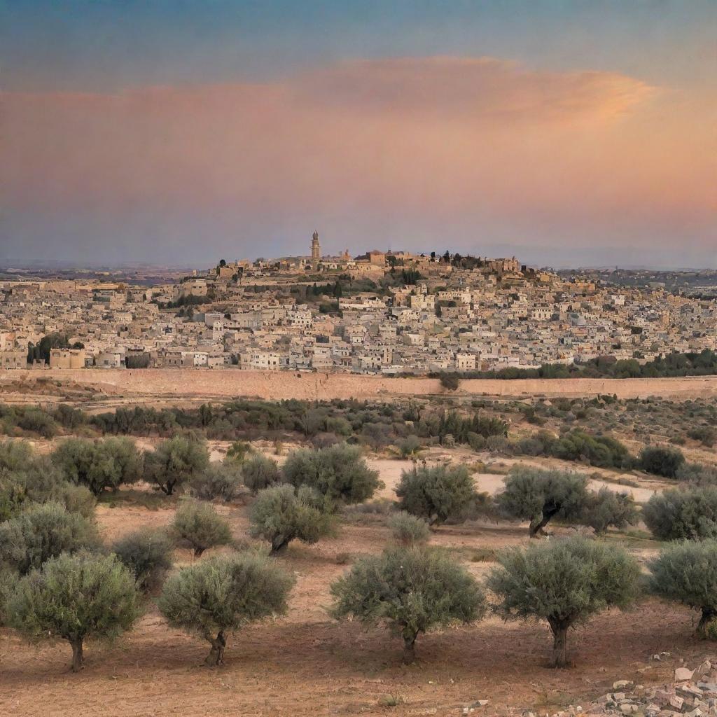 An antique panorama of Palestine city, embracing an array of historical buildings, the descriptive olive trees, under a sublime pristine sky at dusk.