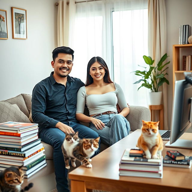 A beautiful and slim Indonesian woman with a large bust, of mixed European descent, sitting comfortably in a neat and clean home