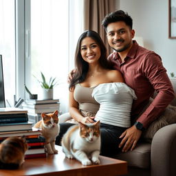 A beautiful and slim Indonesian woman with a large bust, of mixed European descent, sitting comfortably in a neat and clean home
