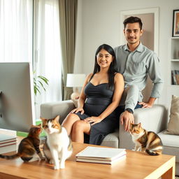 A beautiful and slim Indonesian woman with a large bust, of mixed European descent, sitting comfortably in a neat and clean home
