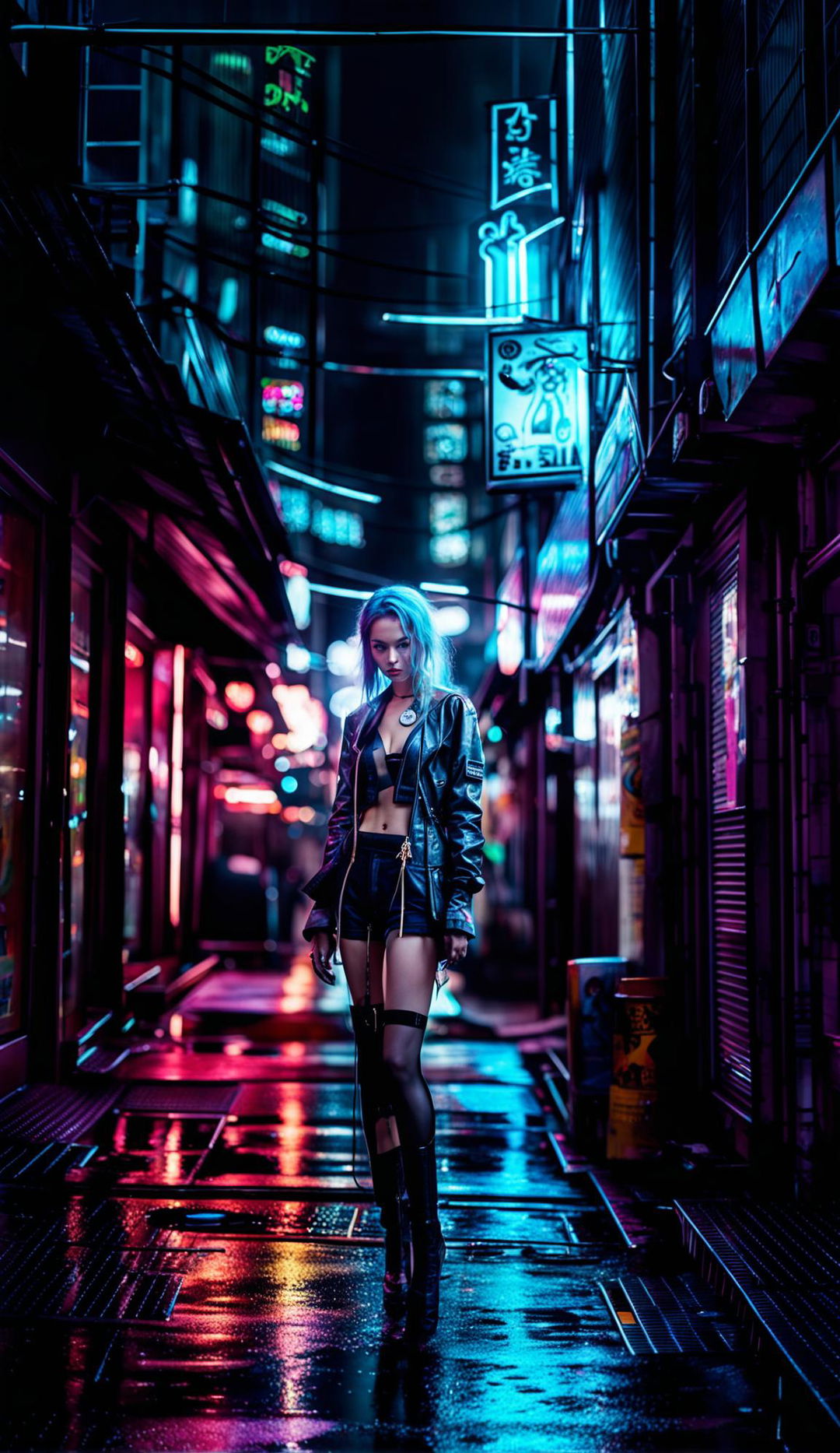 Long-distance street photography of a futuristic cyberpunk cityscape. A beautiful 21-year-old Eurasian woman with traditional style long, light cyan hair and light pink irises is looking at a shop door across the road.