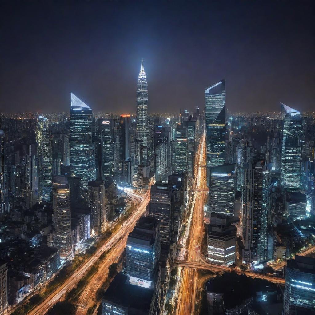 A sprawling, bustling city with towering skyscrapers, lit up against the night sky, thriving with life and activity, surrounded by a network of roads, hinting at the lively urban lifestyle within.