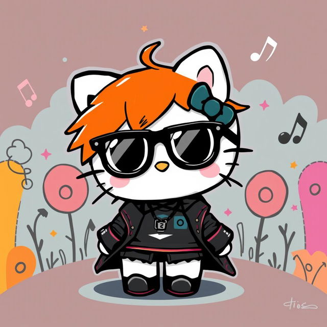 A stylized representation of an emo ginger Hello Kitty character, wearing trendy glasses