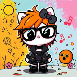A stylized representation of an emo ginger Hello Kitty character, wearing trendy glasses