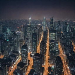 A sprawling, bustling city with towering skyscrapers, lit up against the night sky, thriving with life and activity, surrounded by a network of roads, hinting at the lively urban lifestyle within.