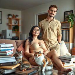 A stunningly beautiful slim Indonesian wife with a large bust, of European descent, lounging in a tidy and well-organized home
