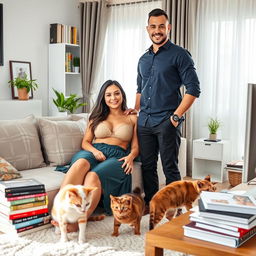 A stunningly beautiful slim Indonesian wife with a large bust, of European descent, lounging in a tidy and well-organized home