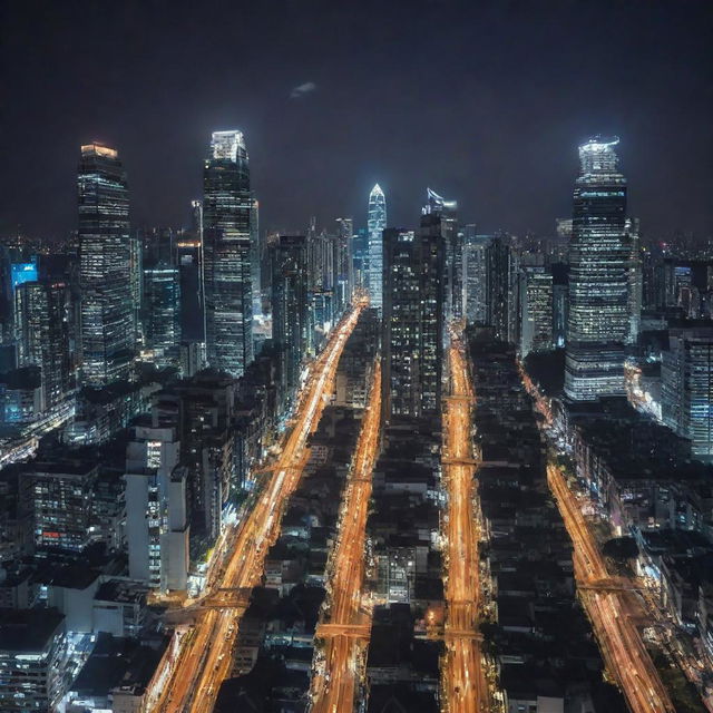 A sprawling, bustling city with towering skyscrapers, lit up against the night sky, thriving with life and activity, surrounded by a network of roads, hinting at the lively urban lifestyle within.