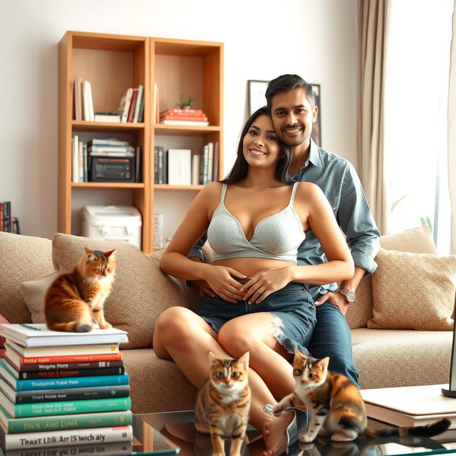 A stunningly beautiful slim Indonesian wife with a large bust, of European descent, lounging in a tidy and well-organized home