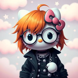 An emo-styled Hello Kitty character with vibrant ginger hair, wearing trendy round glasses