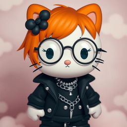 An emo-styled Hello Kitty character with vibrant ginger hair, wearing trendy round glasses
