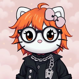 An emo-styled Hello Kitty character with vibrant ginger hair, wearing trendy round glasses