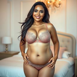 A Latina woman in her mid-thirties with a very voluptuous body, wearing elegant lingerie that accentuates her curves
