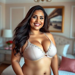 A Latina woman in her mid-thirties with a very voluptuous body, wearing elegant lingerie that accentuates her curves