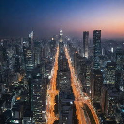 A sprawling, bustling city with towering skyscrapers, lit up against the night sky, thriving with life and activity, surrounded by a network of roads, hinting at the lively urban lifestyle within.