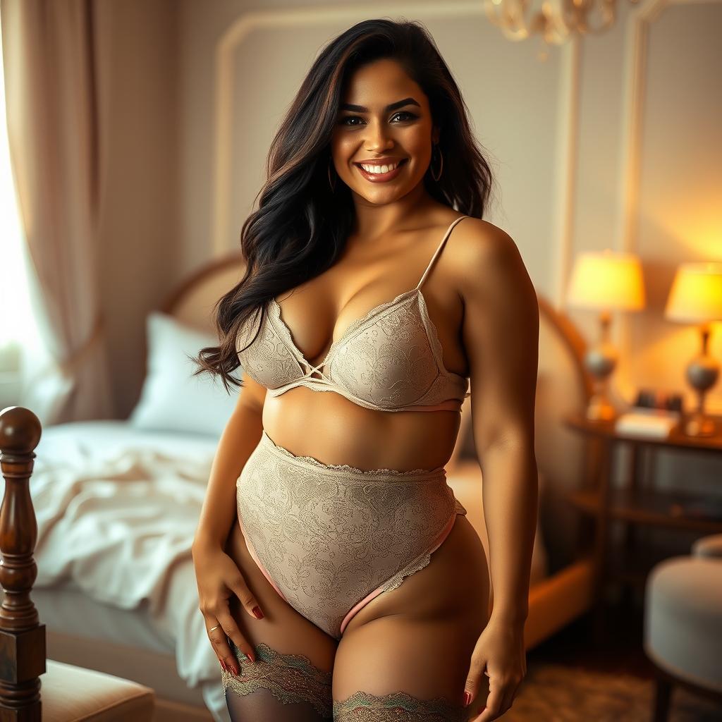 A Latina woman in her mid-thirties with a very voluptuous body, wearing elegant lingerie that accentuates her curves