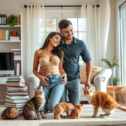 A stunningly beautiful slim woman with a large bust, of mixed European descent, playfully teasing in a clean and well-organized home