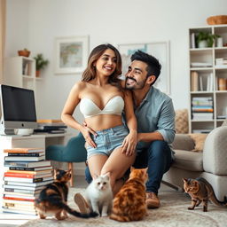 A stunningly beautiful slim woman with a large bust, of mixed European descent, playfully teasing in a clean and well-organized home