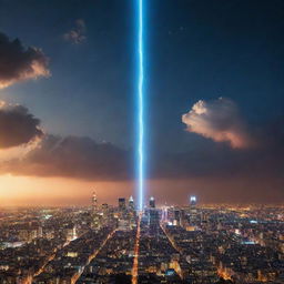 Two cities in a cosmic, non-violent, symbolic contest, represented by towering structures emanating powerful light beams into the sky, clashing high above the cities creating a resplendent spectacle.