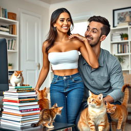 A stunningly beautiful slim woman with a large bust, of mixed European descent, playfully teasing in a clean and well-organized home