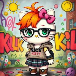 A whimsical and artistic depiction of an alternative style Hello Kitty, featuring bright ginger hair and stylish eyeglasses