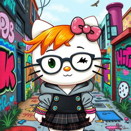 A whimsical and artistic depiction of an alternative style Hello Kitty, featuring bright ginger hair and stylish eyeglasses